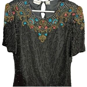 Denise Elle Womens Vintage Dillards Sequin Bejeweled Embellished Black Top sz 1X